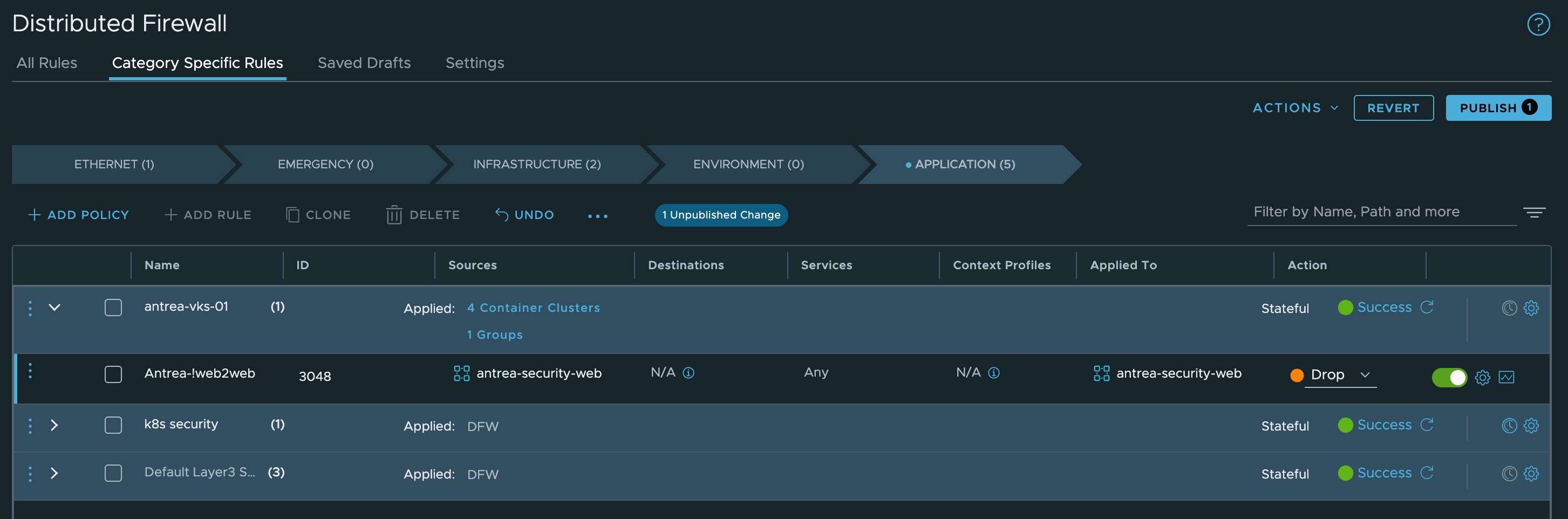 NSX Distributed Firewall rules showing Kubernetes label-based grouping